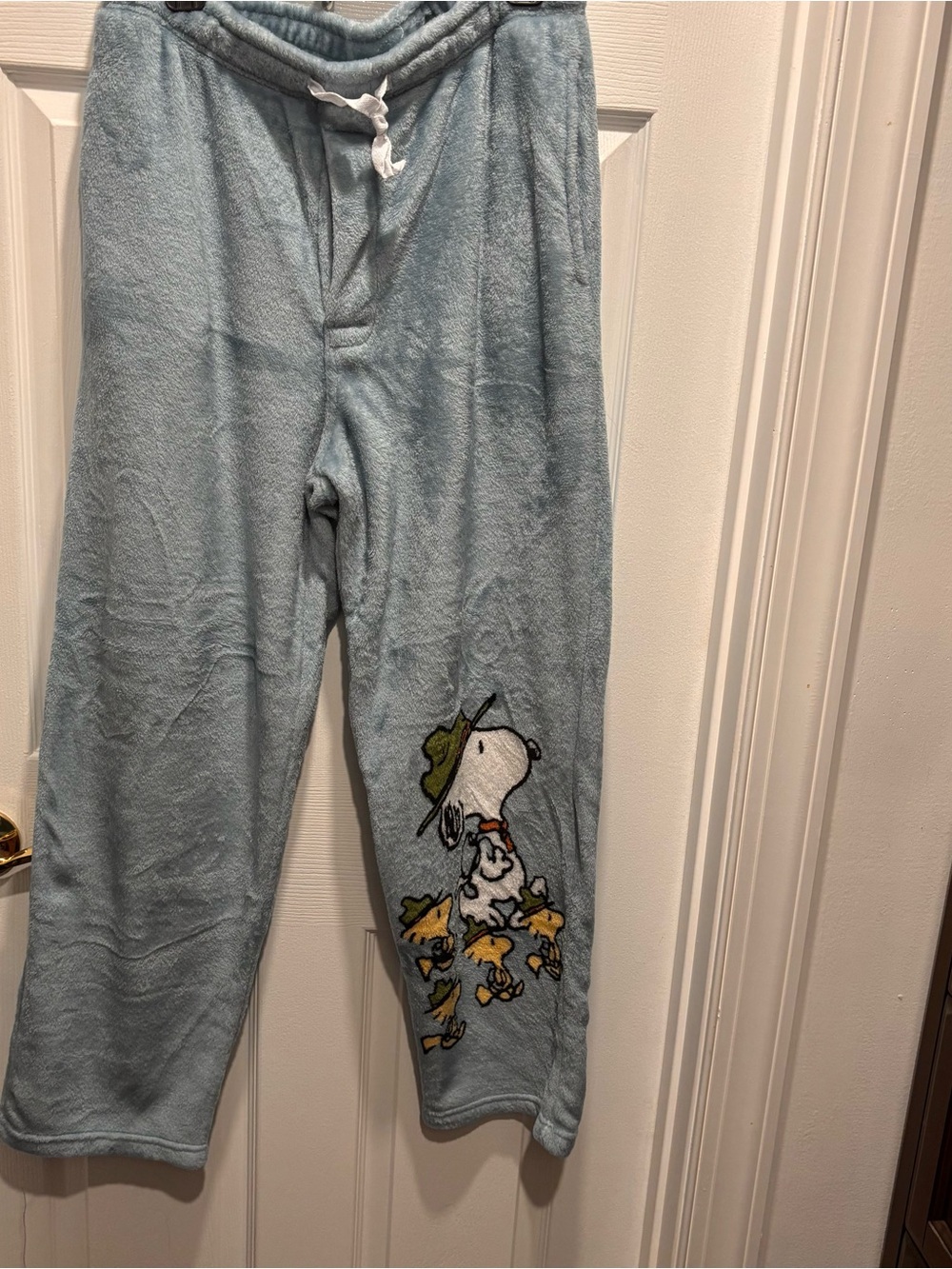 Men’s L light blue plush fleece Peanuts lounge pants featuring Snoopy Woodstock